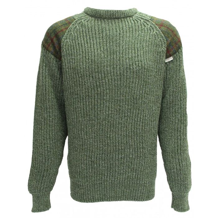 Gamekeeper- Chunky crew neck sweater with Harris Tweed patches